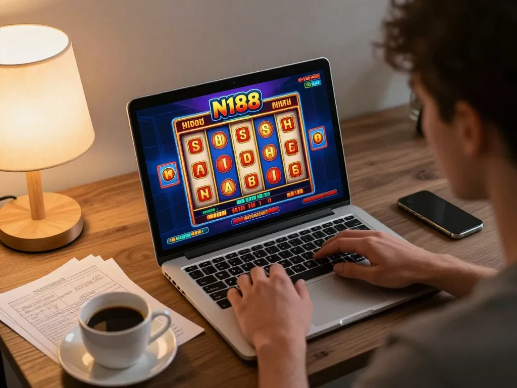 N188 casino player engaged in online gaming at home, showcasing vibrant slot game interface and strategy notes.