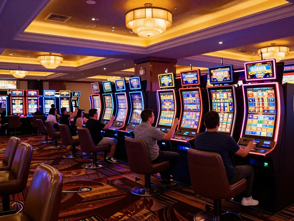 SC88 slot players celebrating wins in a vibrant casino with colorful machines