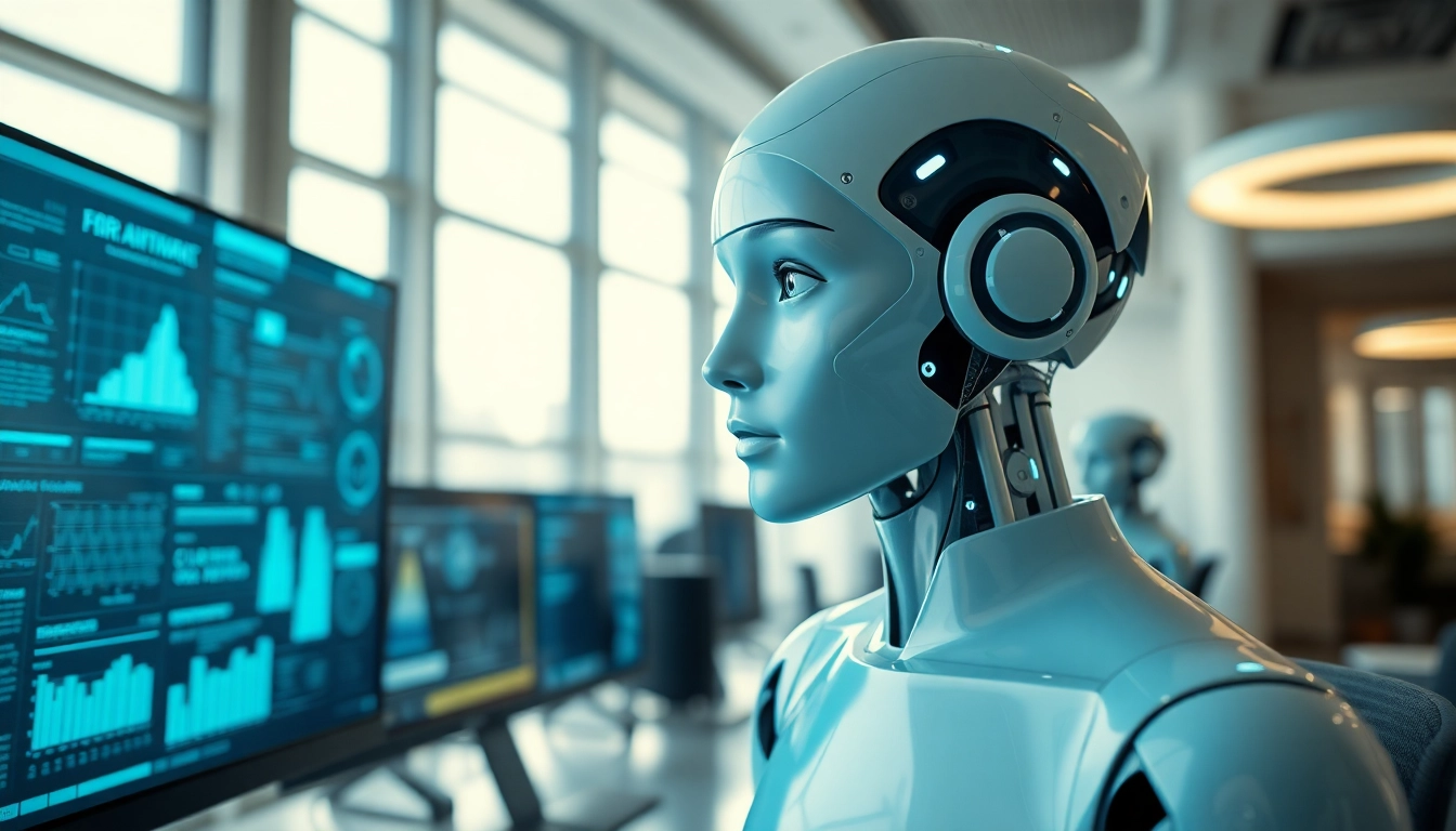 Engage with an ai avatar in a bright, modern office showcasing high-tech interactions.