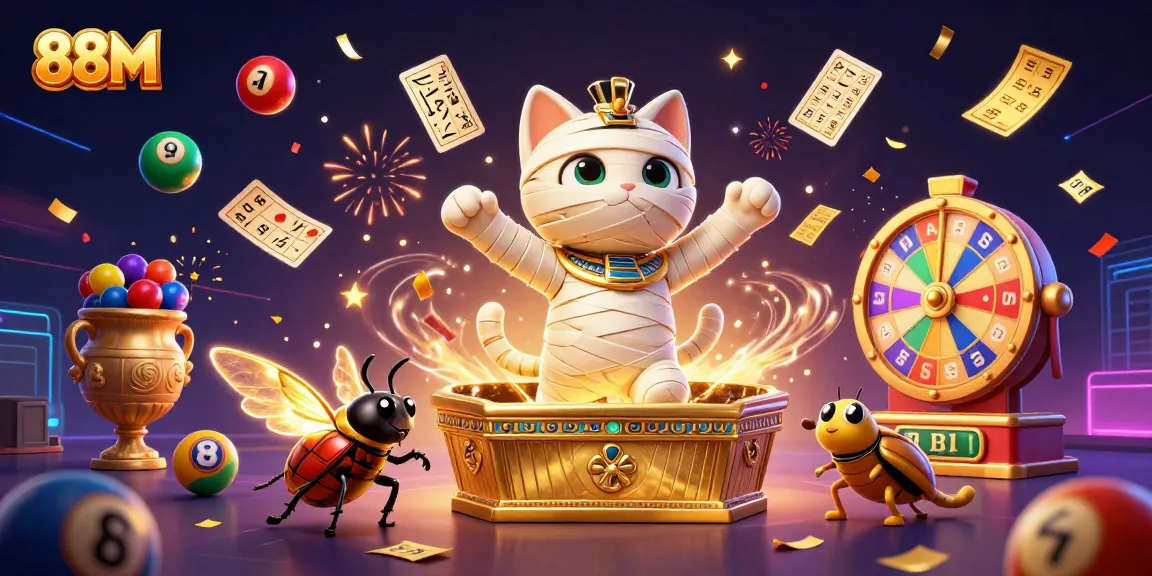 Experience the excitement of winning with 88M as an Egyptian cat bursts from a sarcophagus in a vibrant casino scene.