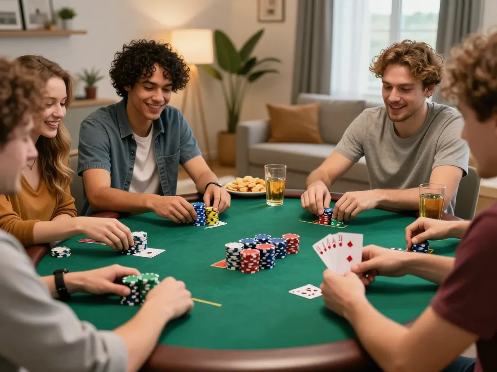 Cakhia hosts an engaging poker night with friends, showcasing excitement and social interaction in a cozy home setting.