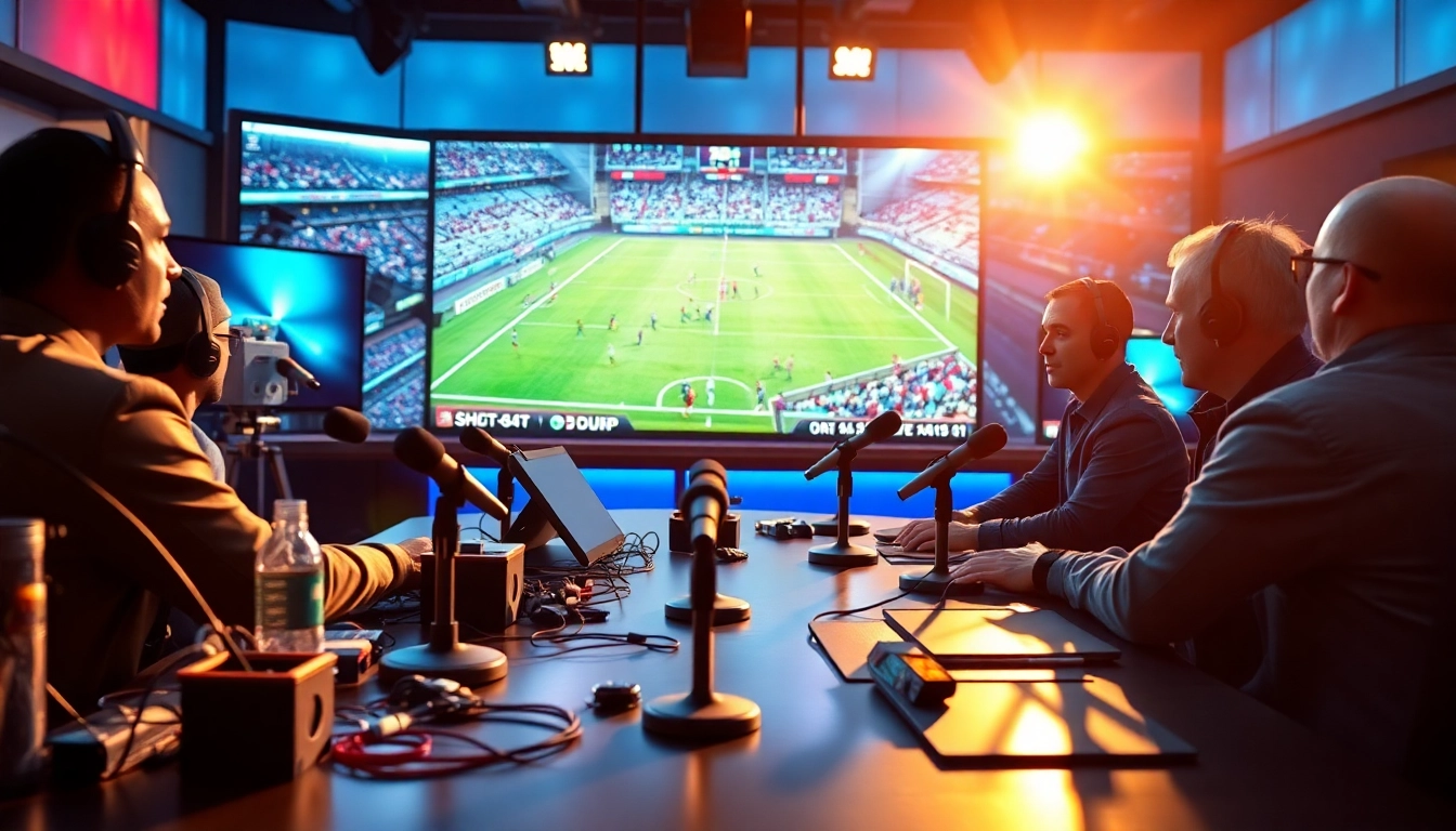 Captivating scene of sports broadcasting with hosts analyzing a live game.