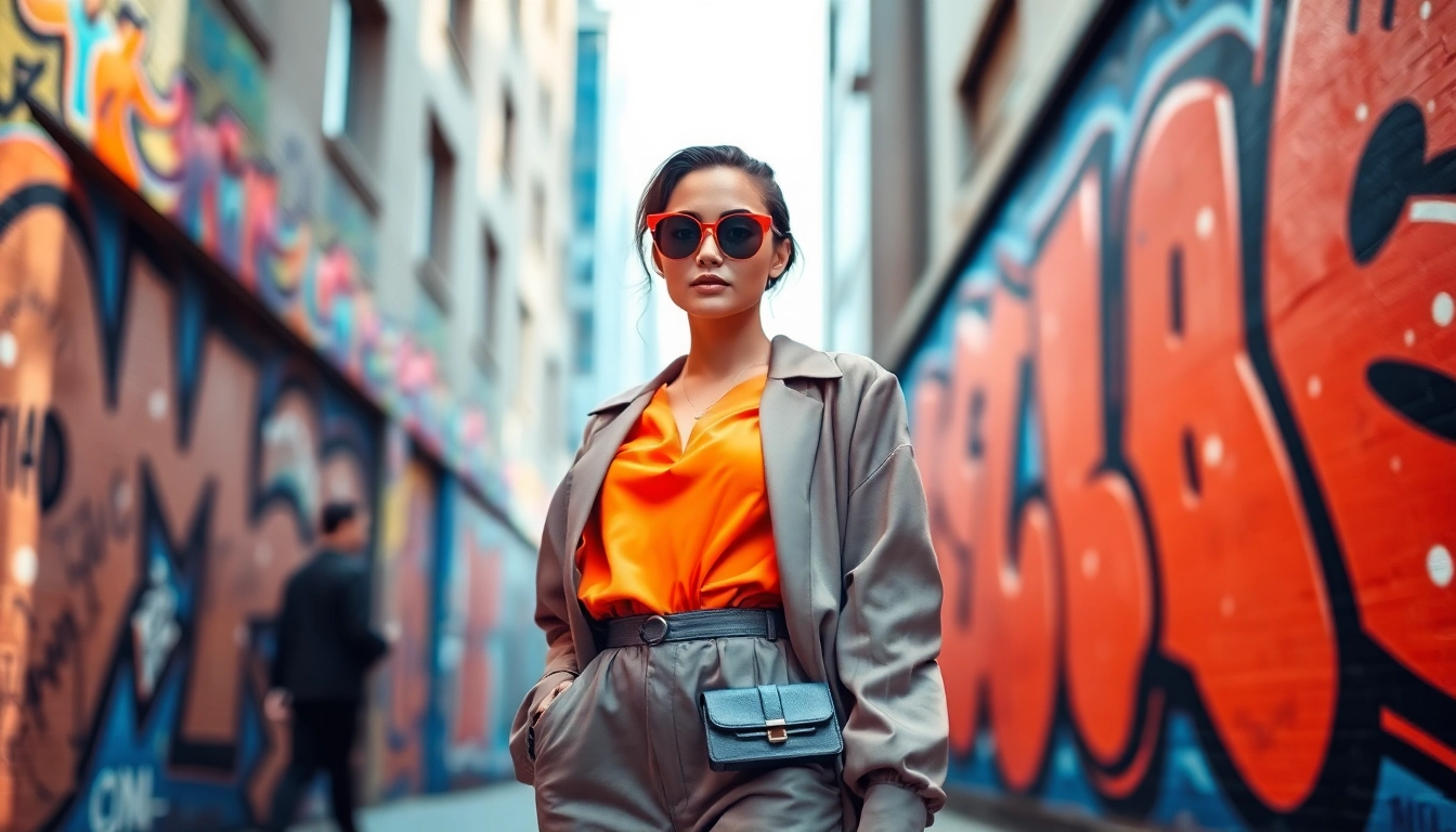Fashion model showcasing a vibrant urban outfit against a graffiti wall.
