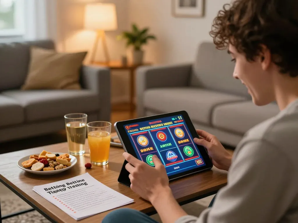 Pemain yang terlibat menikmati slot 88Pulsa di tablet sambil dikelilingi oleh catatan taruhan dan camilan.