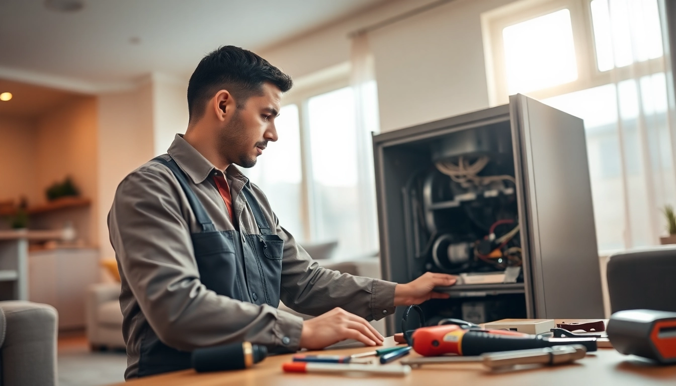 Expert performing Furnace Repair in a cozy, modern living room with tools at hand.