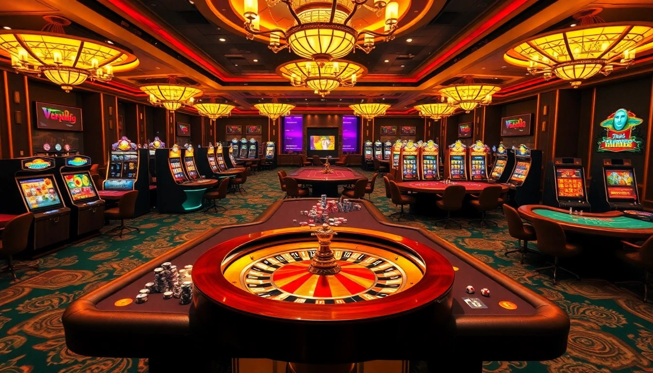 Players enjoy various casino games at vibrant tables, with okbay-themed decorations enhancing the atmosphere.