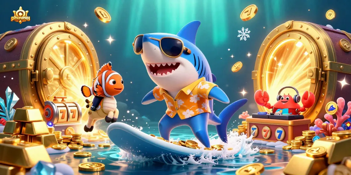 Play and win on phimmoi with a lively scene of a shark, clownfish, and crab amidst casino riches.