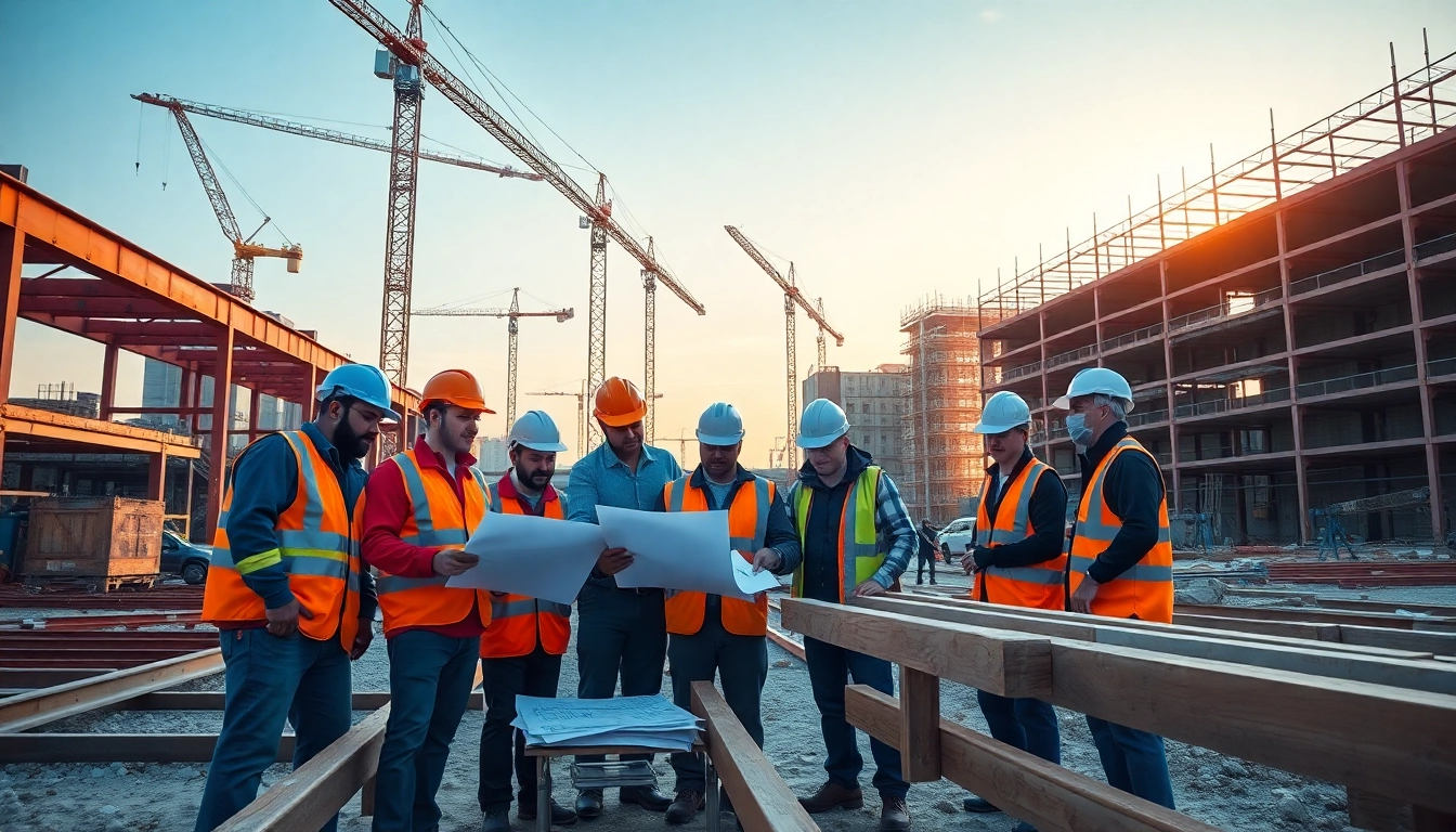 Engaging scene of a New Jersey Commercial General Contractor team collaborating on-site with plans and safety gear.