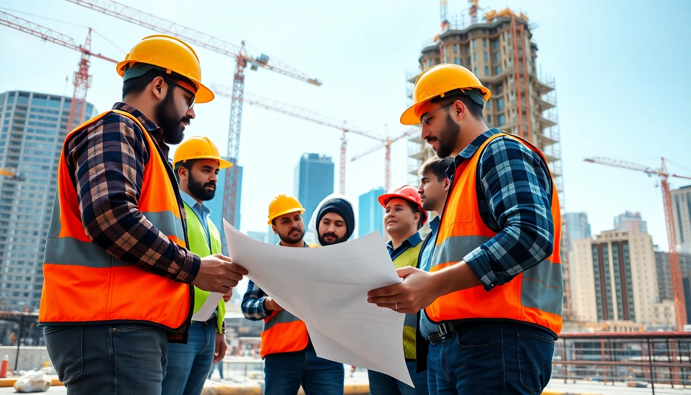 Construction association team members collaborating on building plans with cranes in the background.