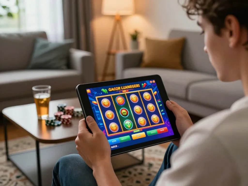 Engaging player exploring slot gacor luar negeri options on a tablet in a cozy home setting