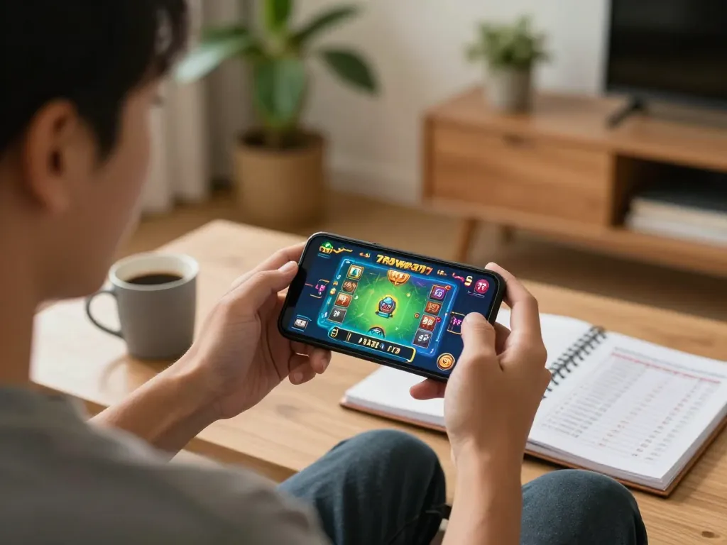 Player enjoying 789win 37 mobile gaming experience at home with strategies noted.