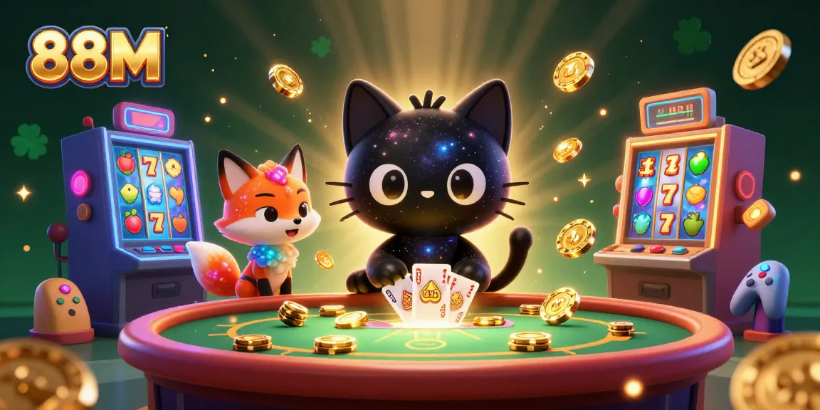 Experience 88M's cosmic casino atmosphere, where a black hole cat attracts slots and golden chips.