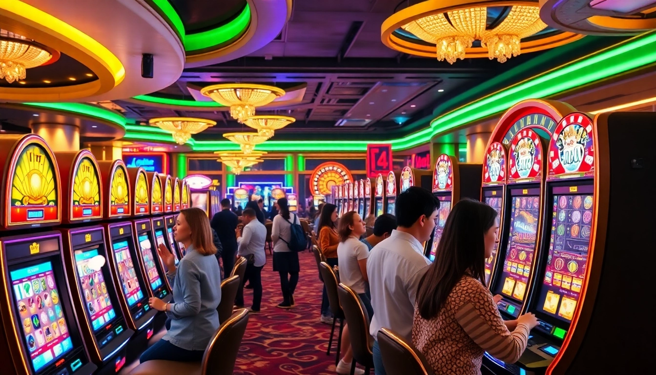 Adegan yang menampilkan para pemain menikmati slot server Thailand Super Gacor dalam suasana kasino yang hidup dan penuh warna.