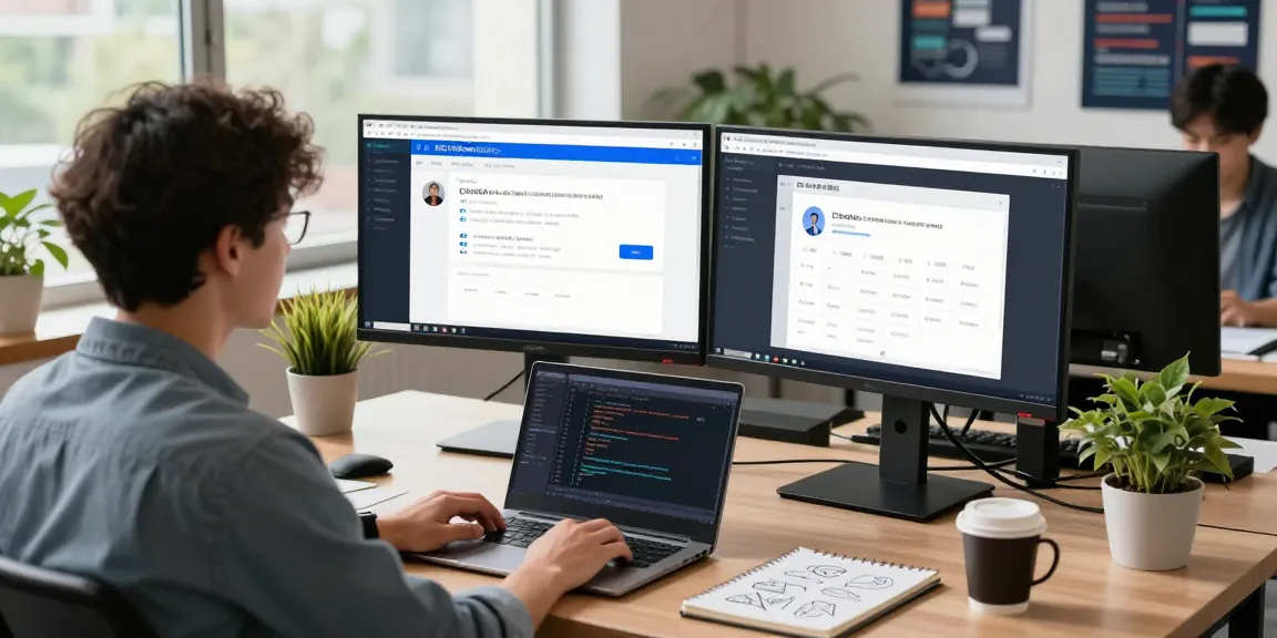 Workspace showcasing development of 纸飞机中文版官网, with coding monitors and modern office setup.