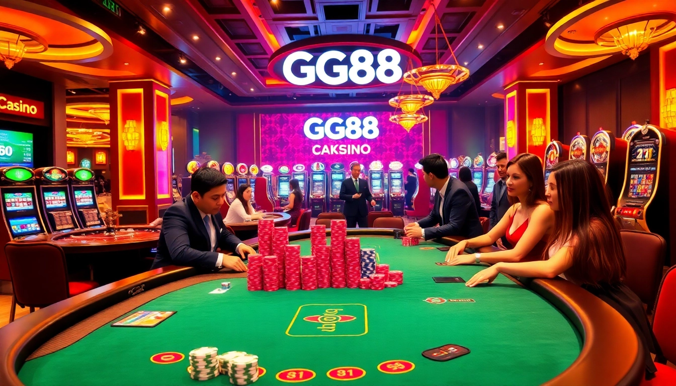 GG88 players enjoying a dynamic casino atmosphere with vibrant slot machines and live gaming action.