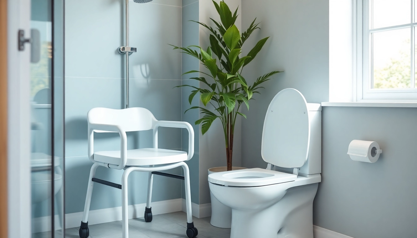 Hilfe für bad und toilette mit modernem Duschstuhl und erhöhtem Toilettensitz im Badezimmer