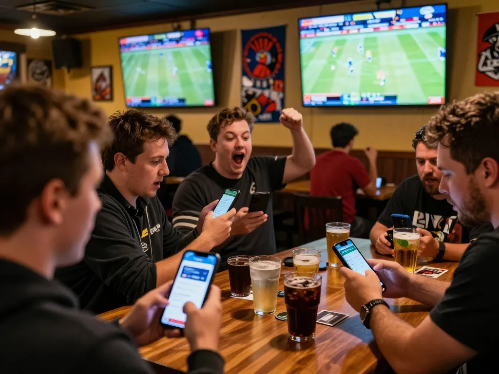 Enthusiastic wagerers using the DEWAGG app in a vibrant sports bar, embodying excitement and strategic betting.