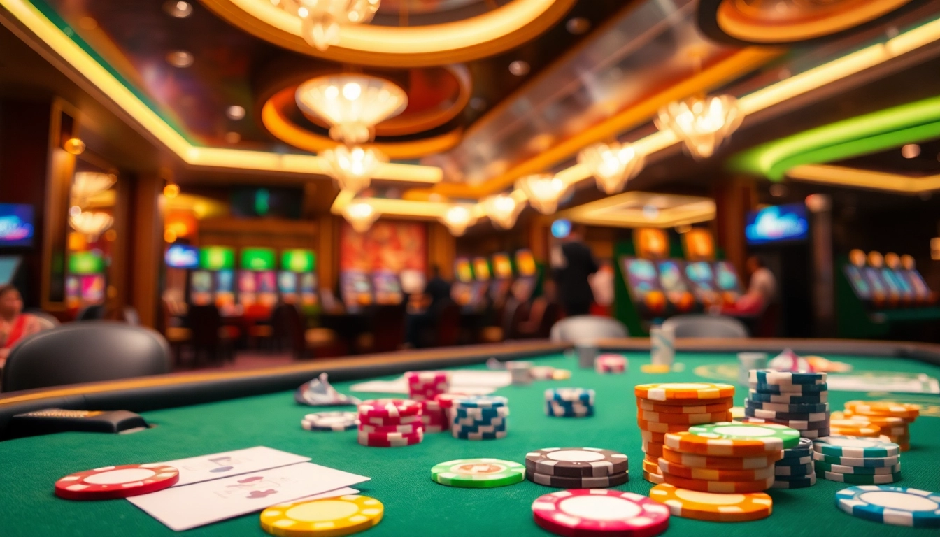 Experience the thrill of 8win in a vibrant casino setting with luxurious gaming elements.