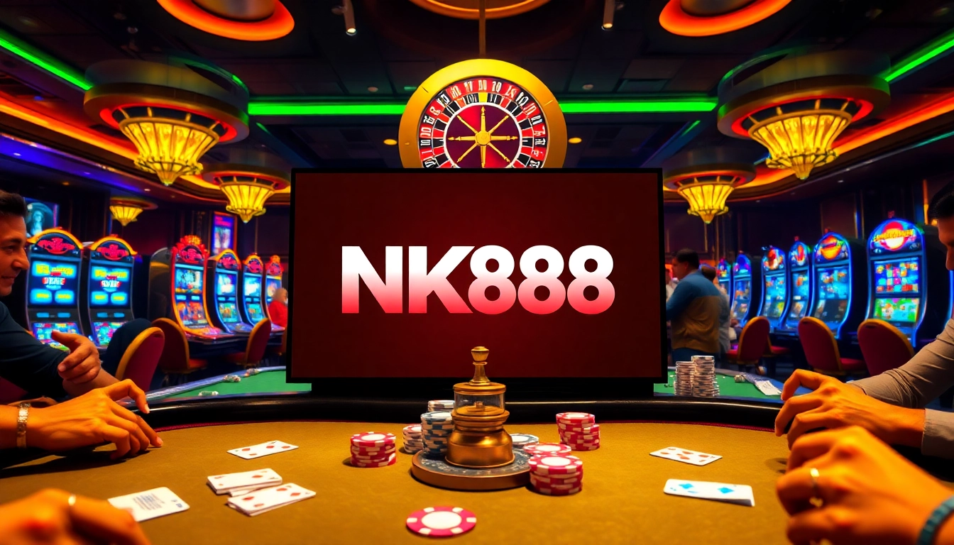 Players engaging at a vibrant casino table with NK88 branding, showcasing exciting gaming action.