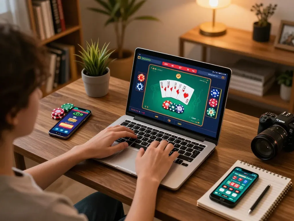 Link 79king displayed on a laptop screen during an exciting online poker game session in a cozy home setting