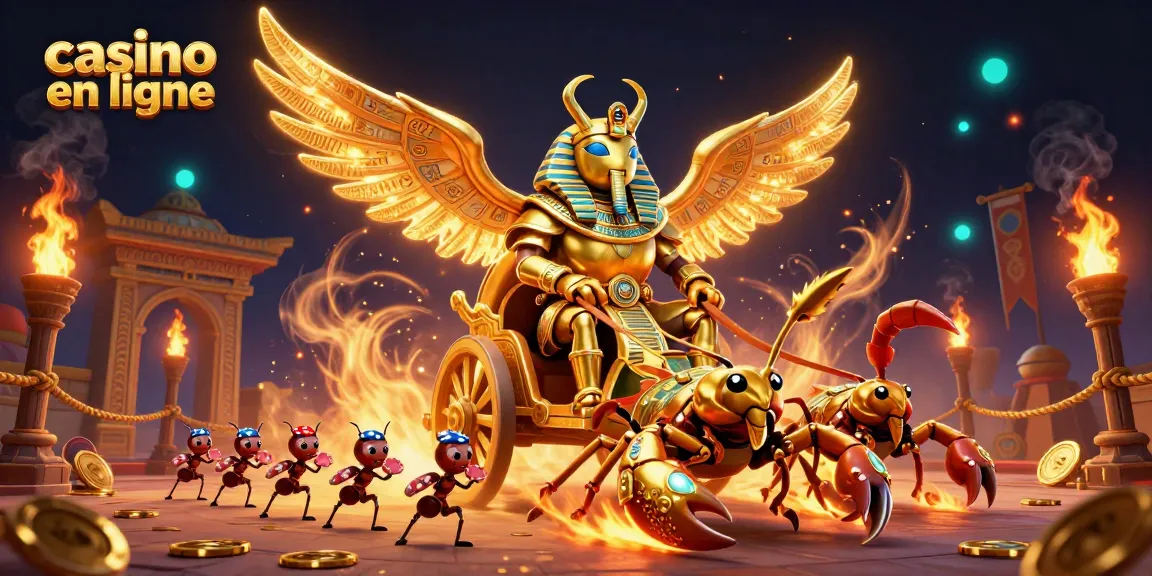 Une illustration dynamique d'un scarabée en or colossal sur un chariot, symbolisant le casino en ligne, entouré d'effets de jeu captivants.