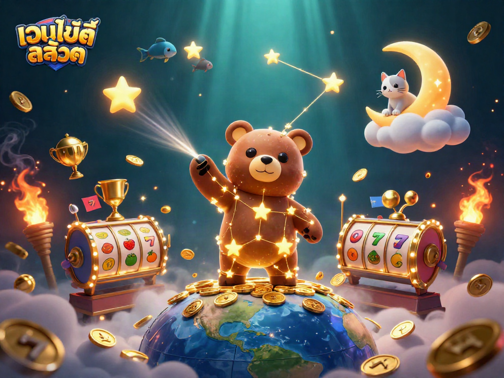 Spin the reels at เว็บไซต์สล็อต with captivating visuals of a golden constellation bear and shining jackpot coins.