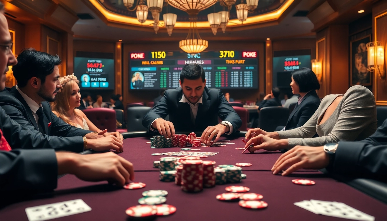 Pemain yang terlibat di meja situs poker menampilkan aksi menegangkan di lingkungan kasino mewah.