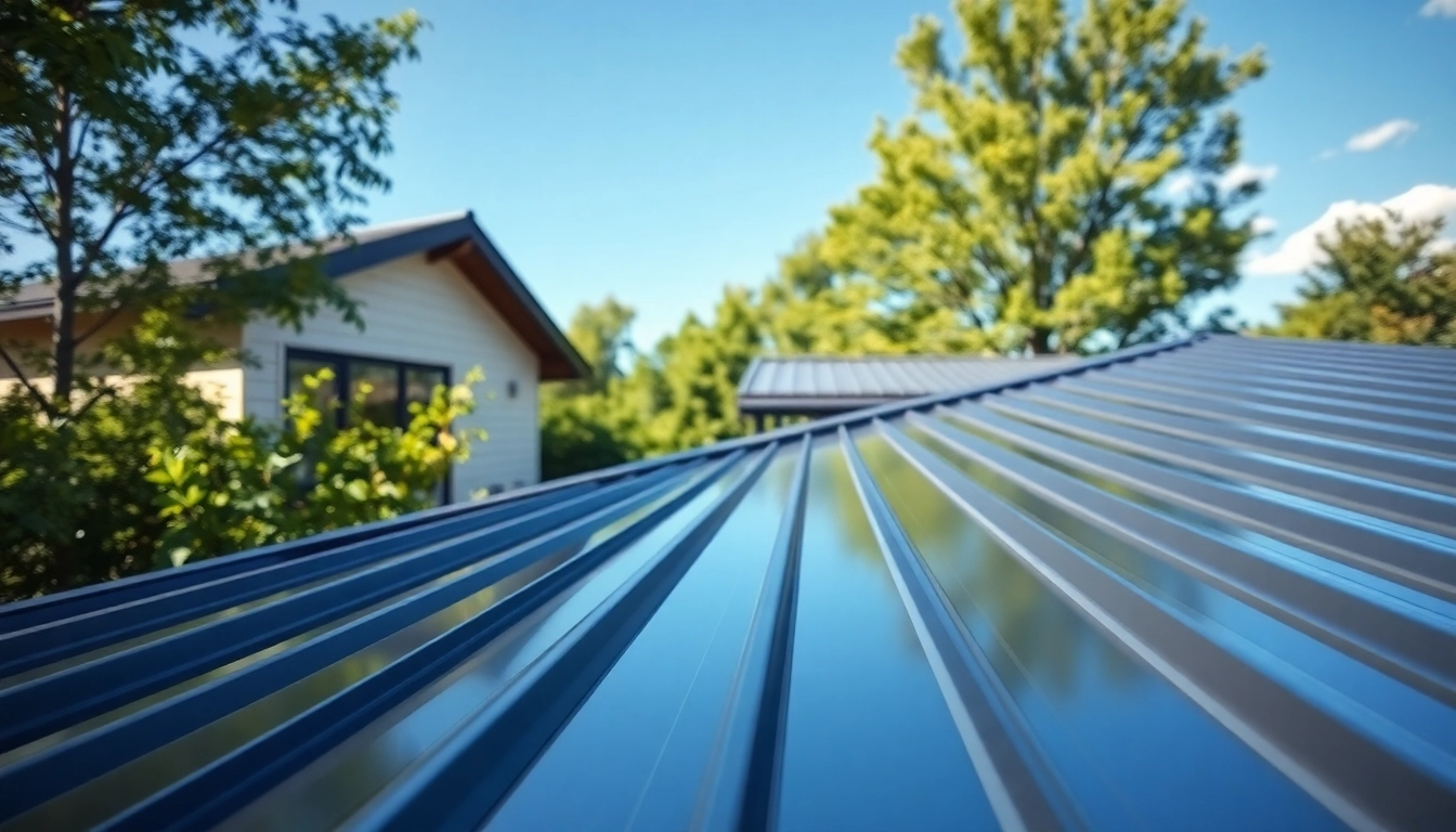 Stunning metal roofing installation on a modern home surrounded by greenery and clear sky.