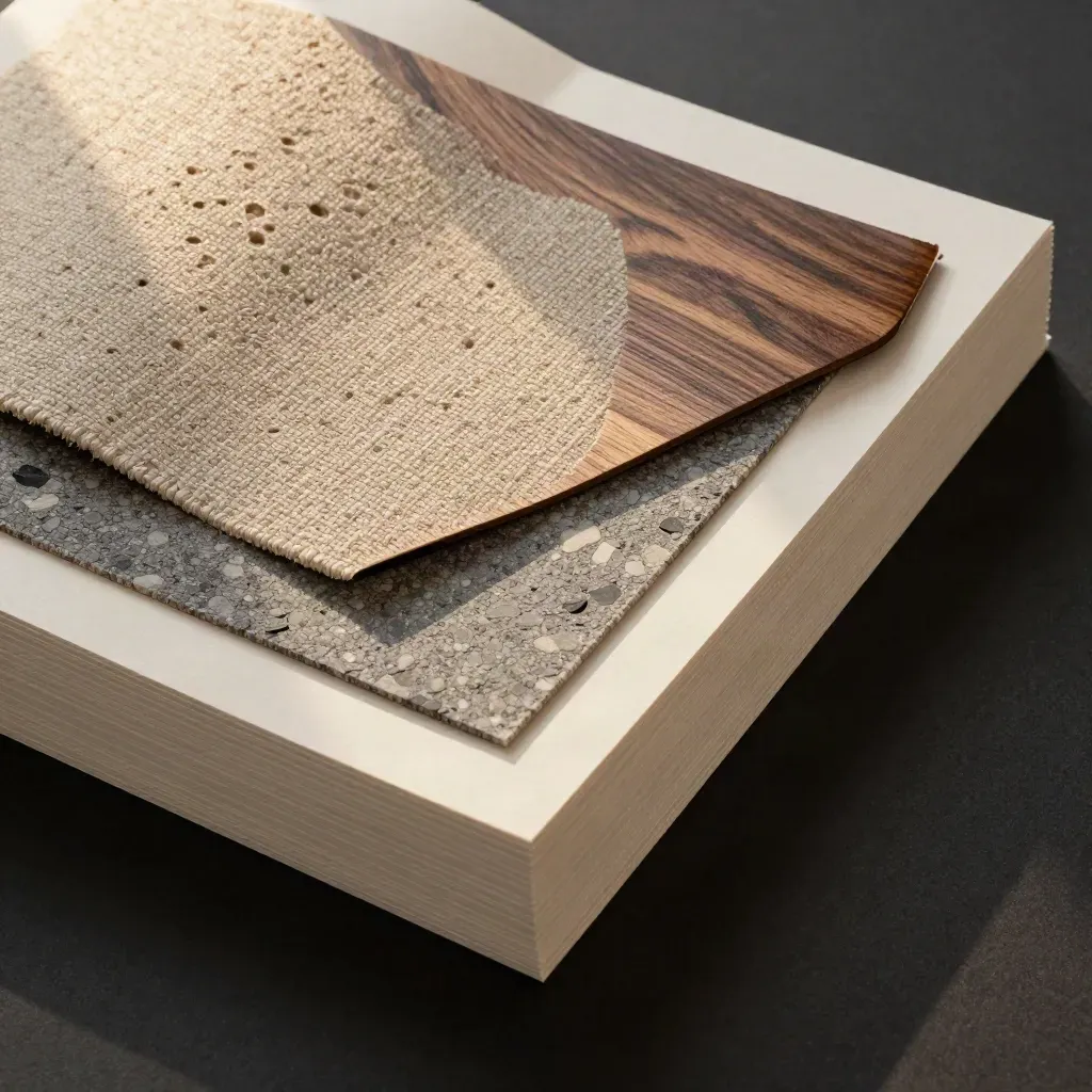 Ivory living room style kit with walnut, textile, and stone samples on charcoal background