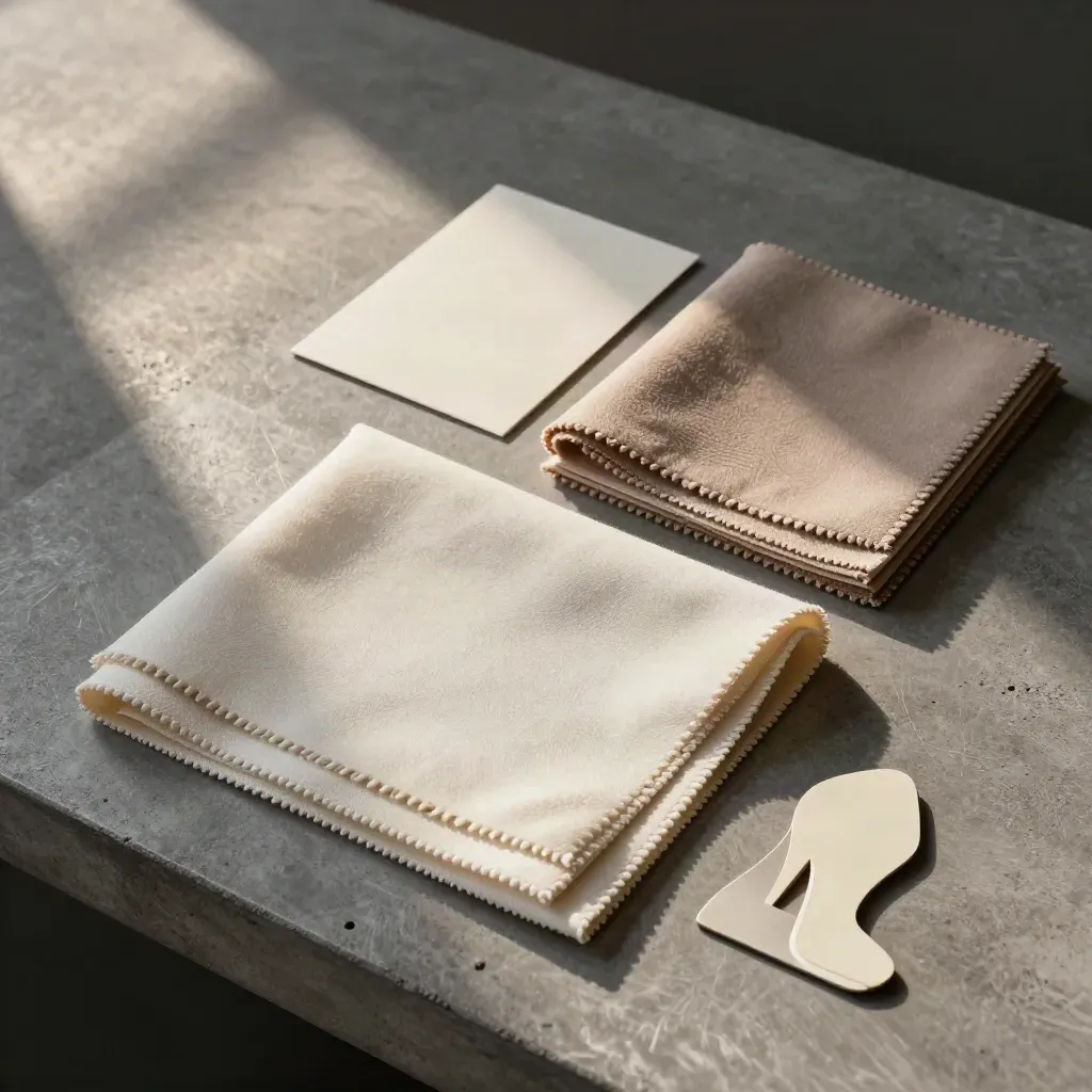 Overhead flatlay of ivory swatches, a heel-shaped sample card, and a clipped sample stack on concrete.