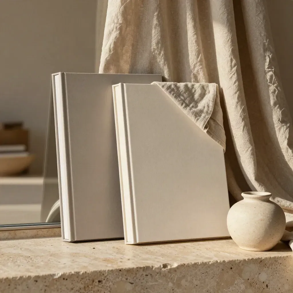 Two board folios, linen swatch, and ceramic vessel on travertine beside a drape.