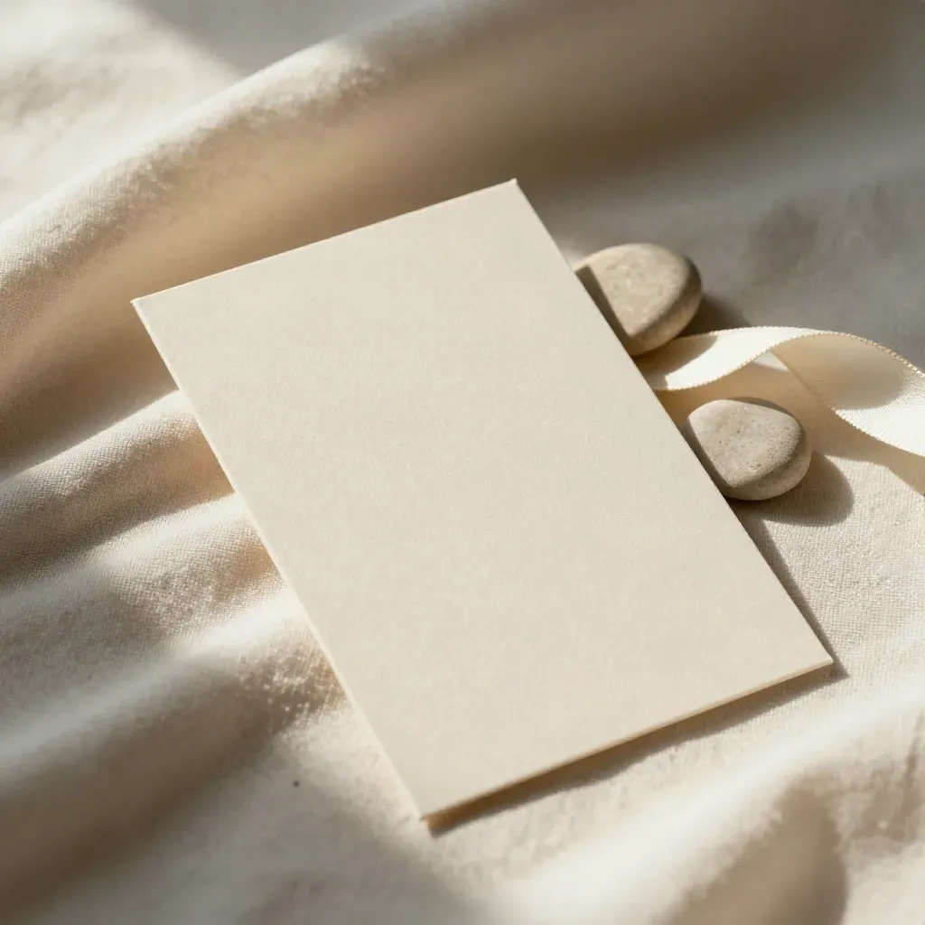 Ivory mood board card nestled in soft cloth with pebble, plaster chip, and ribbon