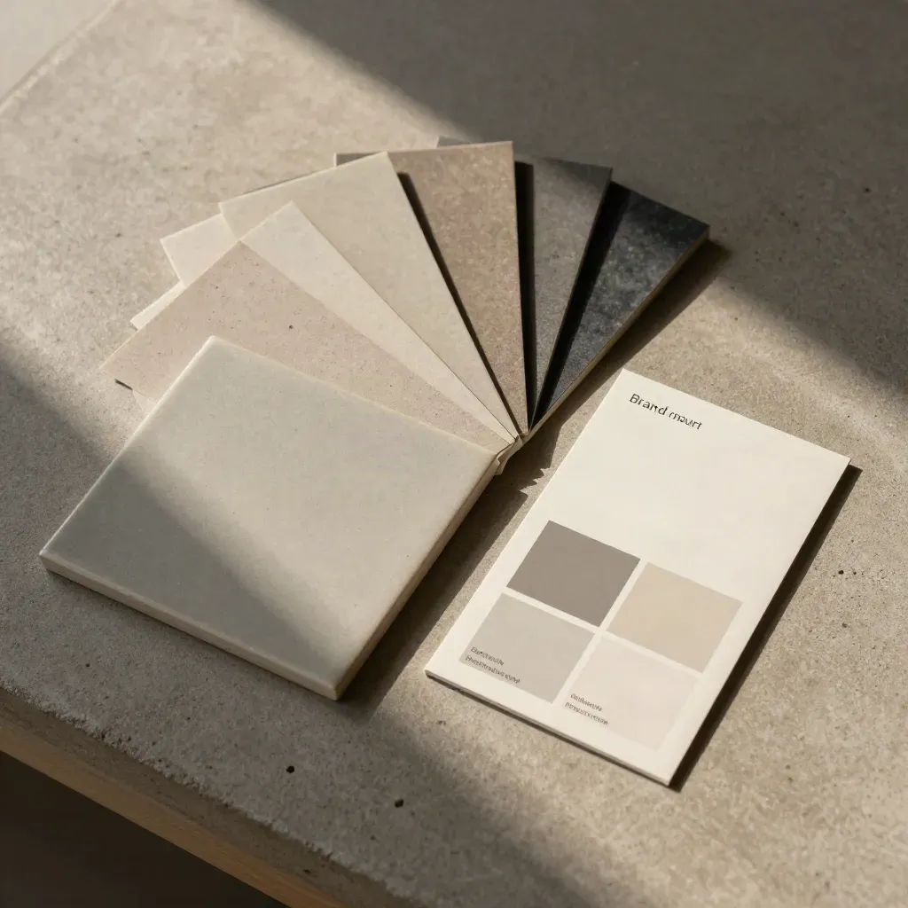 Overhead brand color board with stacked swatches, ceramic tile, and folded card corners.