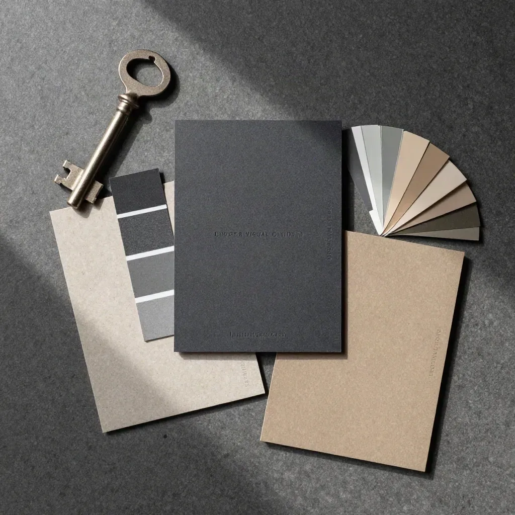 Top-down flatlay of a charcoal visual guide kit with swatches, sample cards, and a chip fan.
