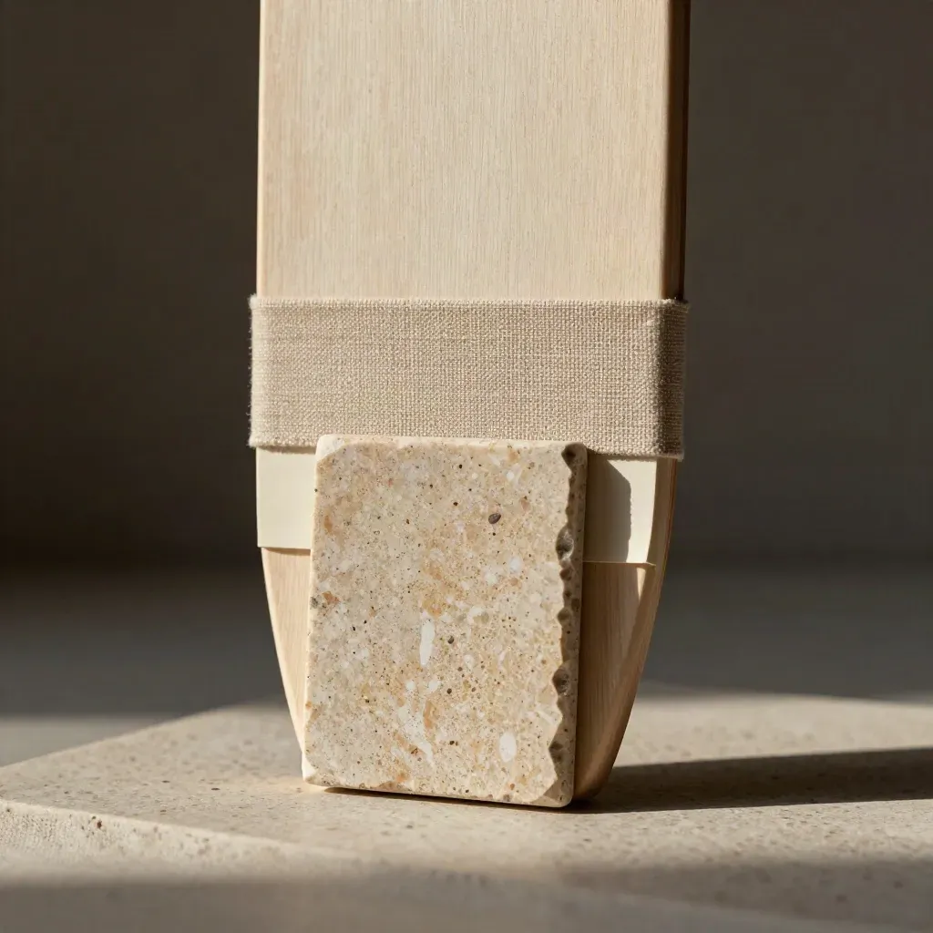 Pale hallway styling kit with linen wrap and stone sample on travertine