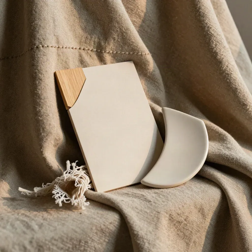 Macro of a linen, wood, and ceramic sample set buried in warm fabric folds.