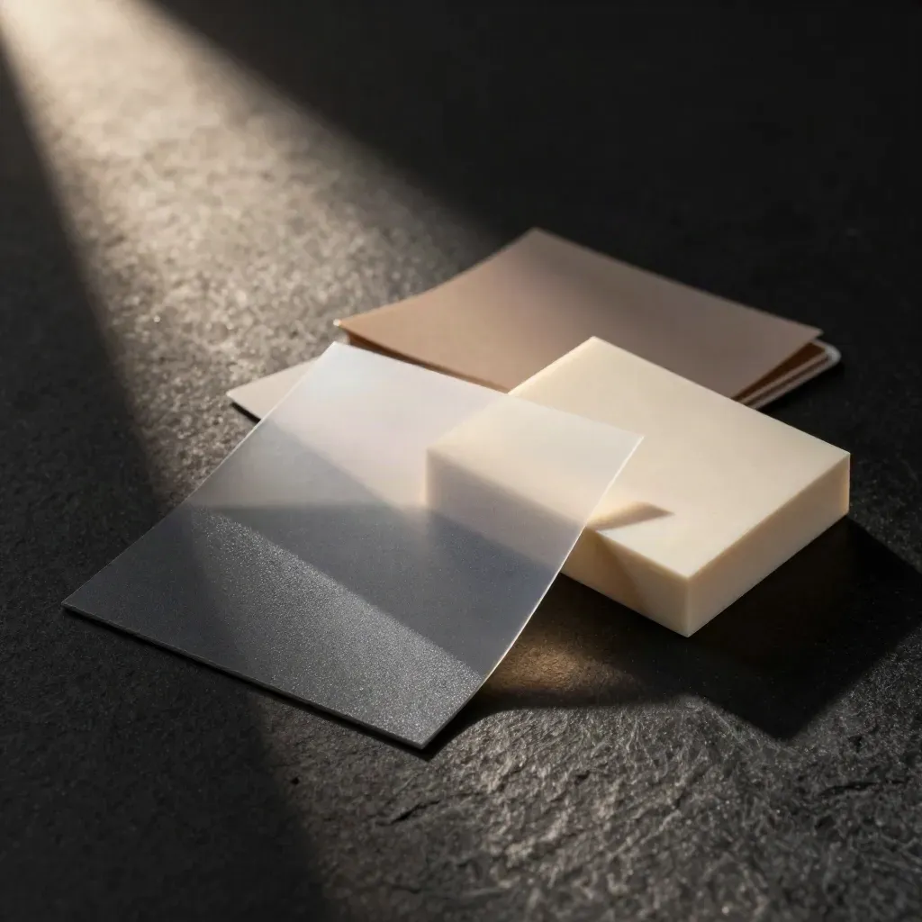 Charcoal swatch, translucent sheet, and cream sample block on a black stone surface in dramatic light