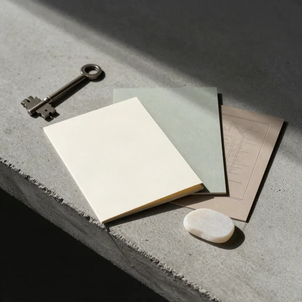 Asymmetrical flatlay of sample cards, folded card shape and stone chip on concrete with soft sage accents.