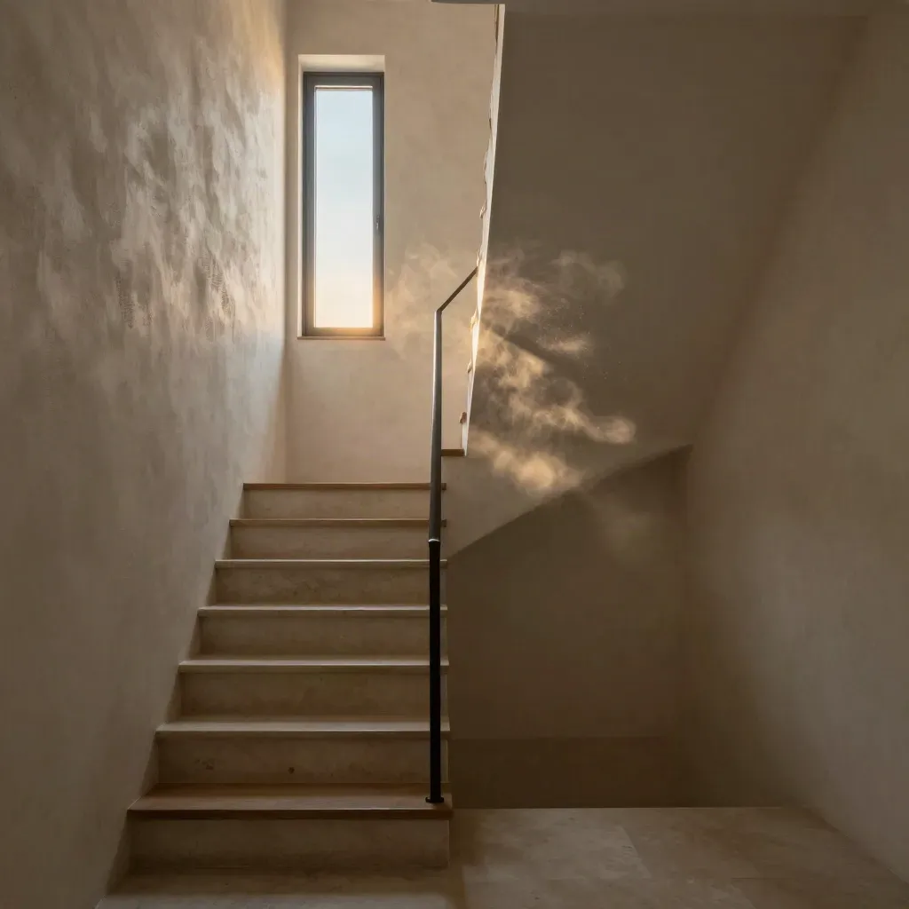 Sunlit plaster stair landing with a narrow window, charcoal shadow line, and calm copy space