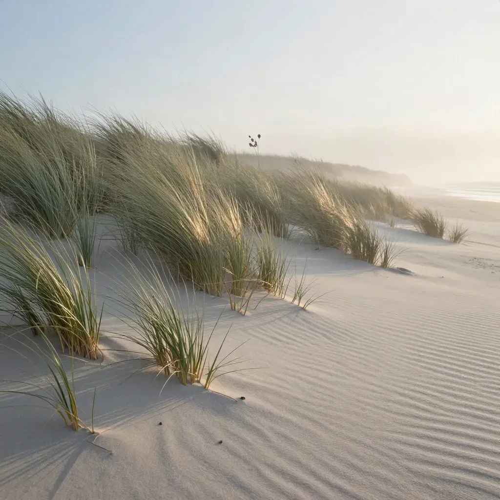 Dune grasses on chalk sand with sea mist and a distant waterline at sunrise.