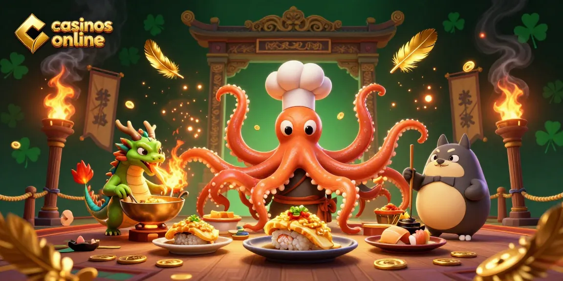 Disfruta de la emoción de los casinos online con un chef pulpo y un dragón, en una ilustración vibrante.