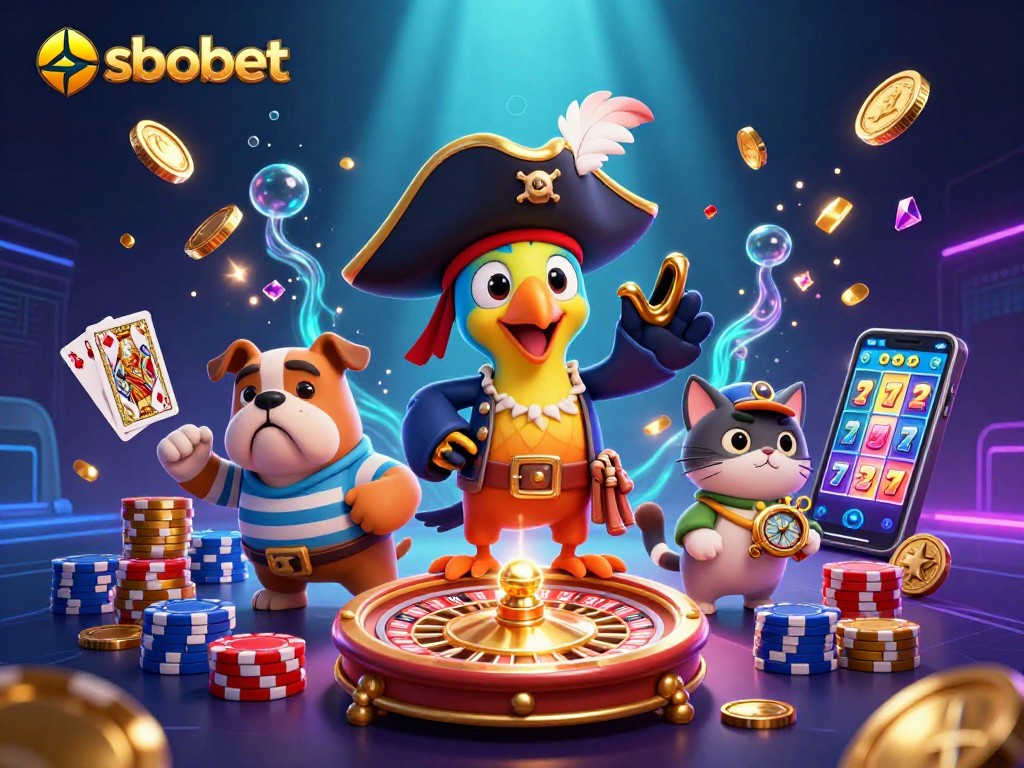 Sbobet-themed illustration with a daring pirate captain, bulldog, and ship's cat navigating a vibrant casino scene.