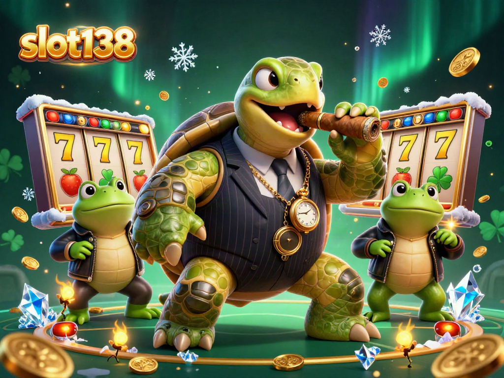 Experience the vibrant thrill of slot138 with a lively casino tour by a turtle in a mobster suit.