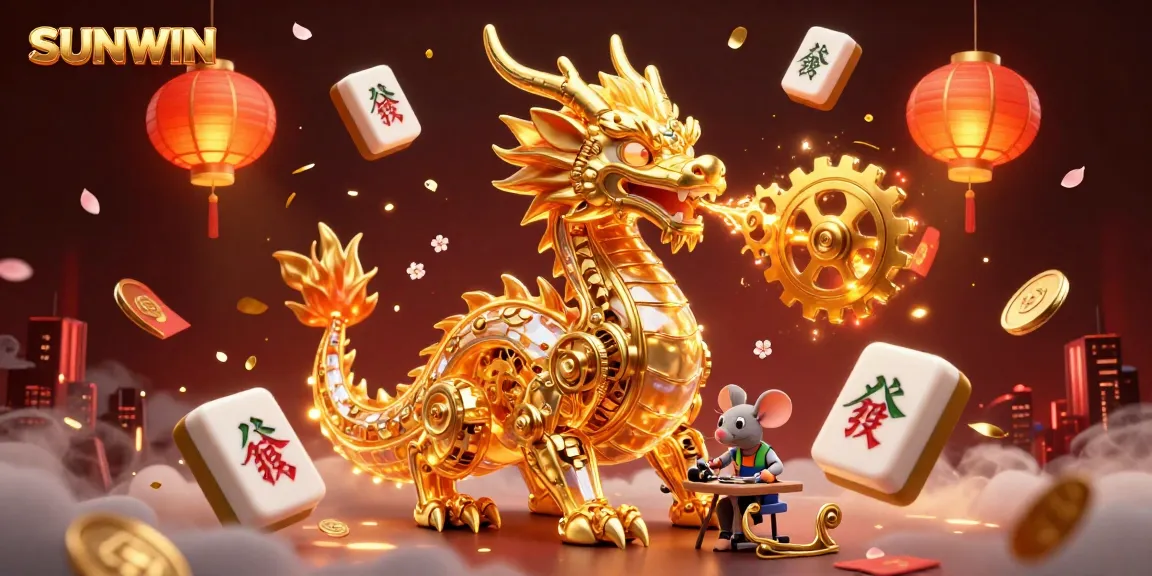 SUNWIN casino experience featuring a golden dragon, mahjong tiles, and festive elements in vibrant, dynamic illustration.