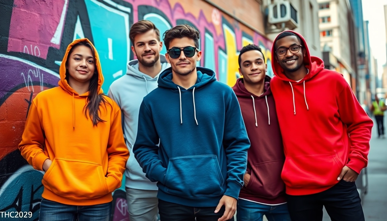 Young adults showcasing blank hoodies against a colorful graffiti backdrop.