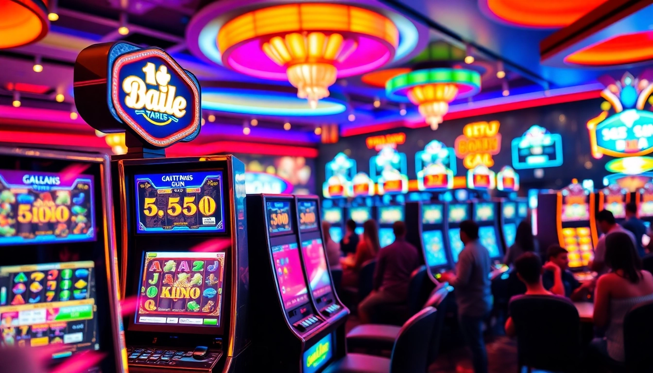 Slot77 mesin slot berwarna-warni dalam suasana kasino penuh kegembiraan.