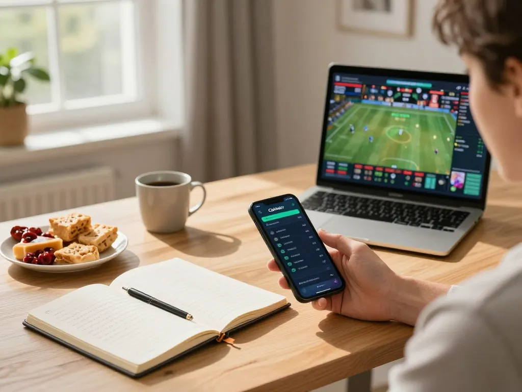 Cakhiatv user engaging in mobile sports betting at home with smartphone and notebook.