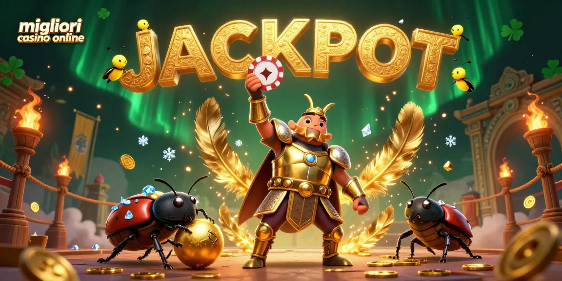 I migliori casino online avvolti in un'illustrazione vibrante con un coleottero erculeo e simboli fortunati.