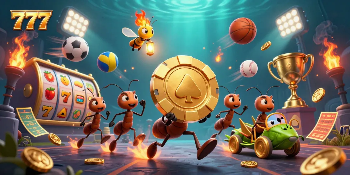 Ants carrying a golden poker chip in a vibrant casino-themed scene with 777 symbols.