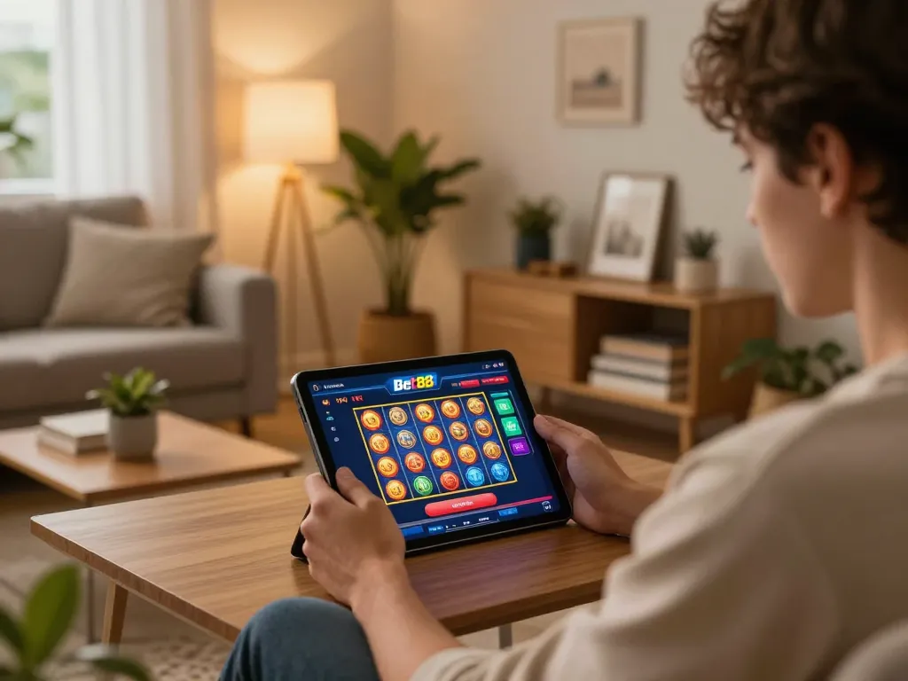 Engaging with online betting through Link Bet88 on a tablet, set in a cozy home gaming space.